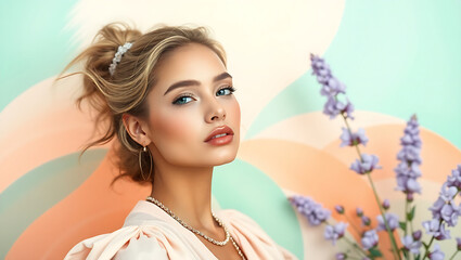 An intelligently generated image of a beautiful young woman on a floral background