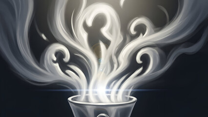 Mystical vapor rising from a container, an ethereal spectacle of curling smoke and light