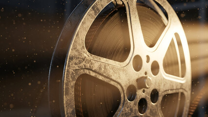 Vintage film reel with subtle cinematic particles evokes timeless storytelling