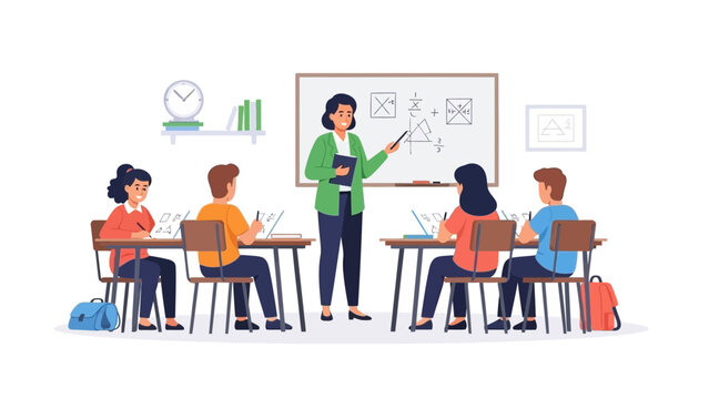 Teacher explaining concepts on a whiteboard to students working on laptops in a classroom setting