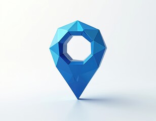 Blue geometric location pin with sharp facets and modern design stands on white background. This pointer icon signifies navigation direction, finding places.