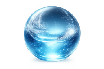 Blue water sphere featuring swirling liquid and sparkling elements, conveying environmental themes, energy, magic, and purity, on transparent background