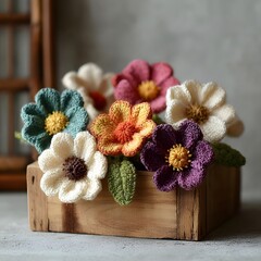 Bright Crochet Flowers Arranged In Wooden Basket With Soft Natural Light Cozy Handmade Decor Aesthetic