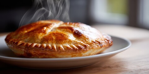 food photography, a freshly baked golden-brown meat pie with a flaky crust, steam rising, displayed on a white plate, softly blurred against a kitchen or picnic table