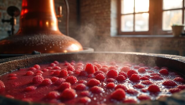 Raspberries ferment in copper still generating steam. Traditional fruit alcohol production in rustic workshop. Sweet liquid simmers, creating artisanal spirit with natural.