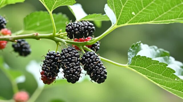 A branch with lush green leaves showcases several ripe and unripe mulberries some deep black others tinged with red set against a soft green backdrop