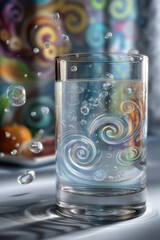 Glass of water with swirling patterns and bubbles, reflecting vibrant colors in the background, creating a dynamic and artistic visual experience with copy space