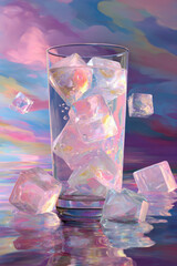 Transparent glass filled with water and colorful ice cubes, reflecting vibrant hues against a dreamy pastel background, creating a refreshing and artistic beverage scene
