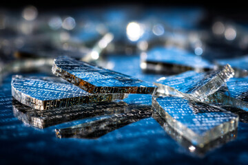 Macro artistic shot of shattered glass pieces reflecting intricate code patterns, creating a surreal cyber aesthetic with captivating depth and lighting