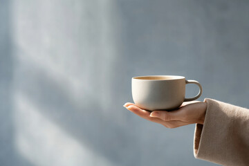 Person holding a minimalist ceramic cup in soft daylight, showcasing a serene lifestyle scene with a calm premium aesthetic and clean background