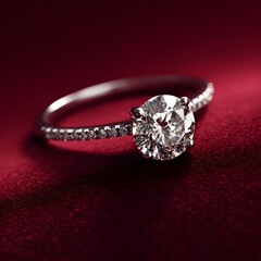 Diamond Engagement Ring Floating In Soft Spotlight Maroon Background Luxury Jewelry Romance Proposal Elegance Photography