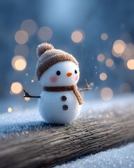 Cute Tiny Snowman Sitting On Log With Sparkling Winter Bokeh Background Holiday Festive Charm Photography