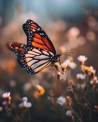 Monarch Butterfly Perched On Blooming Wildflower In Sunny Meadow Nature Spring Wildlife Beauty Photography Serenity