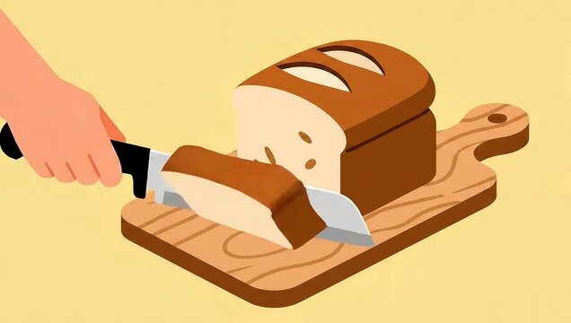 Slicing Bread Loaf on Wooden Board Illustration.