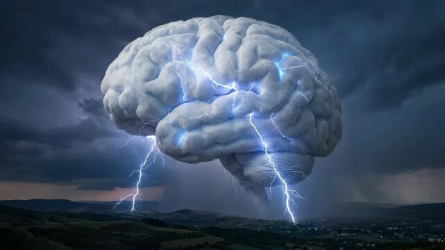 Giant Cloud Brain Striking Lightning over Rural Landscape 3D Render