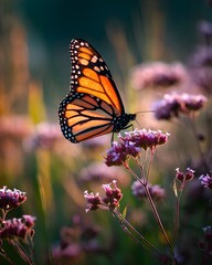 Naklejka premium Monarch butterfly perched on blooming wildflower in sunny meadow showcasing springtime nature wildlife beauty photography