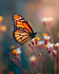 Obraz premium Sunlit monarch butterfly resting on wildflower petals celebrating biodiversity spring nature wildlife photography harmony beauty