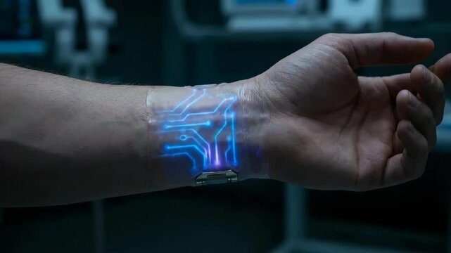Cybernetic Implant Glowing with Blue Circuits Under Human Wrist Skin 4K