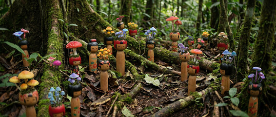 Fototapeta premium Japanese Kokeshi dolls with mushrooms on their head in a tropical rain forest