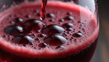 Red wine pours into glass forming foam and bubbles. Deep red liquid swirls with rich color. Macro view shows surface detail and texture. Perfect for beverage ads or celebrations.