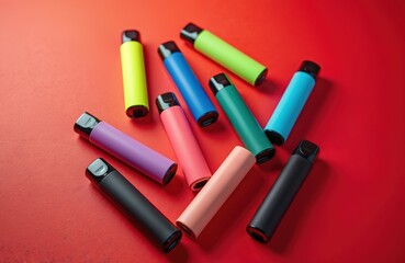Collection of multicolored disposable e-cigarettes arranged on a red backdrop. These vaporizers offer a modern way to inhale nicotine and come in various bright colors.