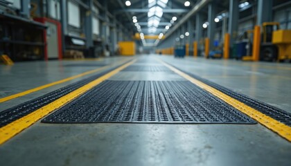 Clean factory floor with black anti-fatigue mats and bright yellow safety lines creating marked walking zones for secure movement and clear pathways within the industrial workshop.