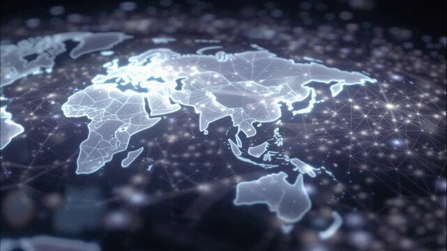 Global communication technology background with glowing earth map and interconnected data network nodes in space