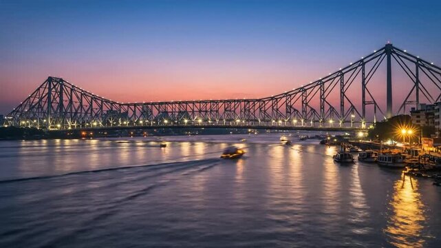Kolkata's Howrah Bridge at Dusk: Boats Glide on the Hooghly River under the Illuminated Structure