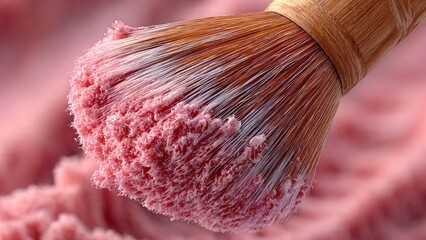 Macro of makeup brush with pink powder for beauty and fashion editorial