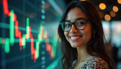 Young Indian woman with glasses smiles near stock market chart. In business attire, confident, happy, looking towards success in finance. Positive outlook suggests growth, achievement in trading.