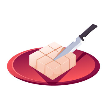 A vector illustration of sliced ketupat traditional Indonesian rice cake on a red plate being cut with a knife, commonly served during Eid al-Fitr or Lebaran festivities in Southeast Asia.