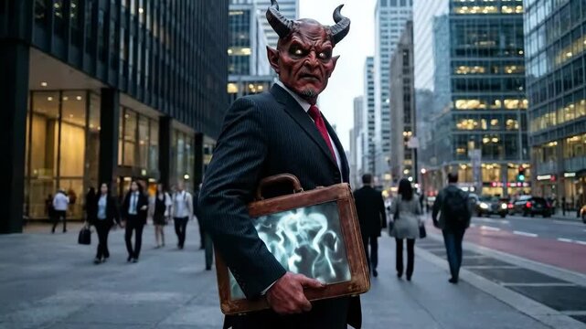 Demon Businessman in Suit Holding Glowing Briefcase of Souls on City Street
