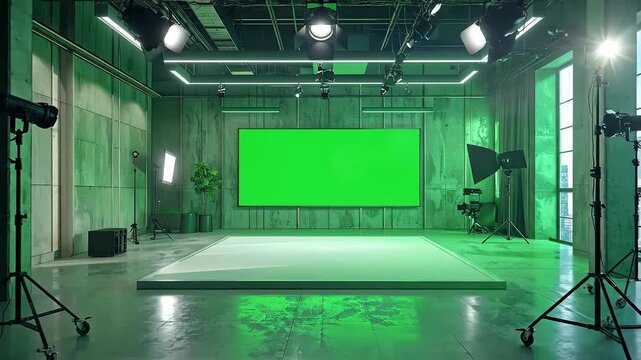 Illuminated studio setup with green screen, lighting equipment, and concrete walls, ready for filming.