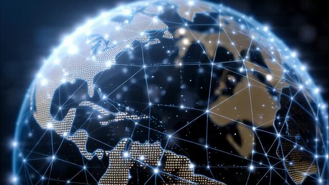 Futuristic world map with telecommunication network nodes and data exchange concept for global business