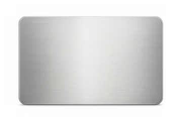 Brushed aluminum metal plate with rounded corners, silver metallic surface for industrial design and branding element, transparent background