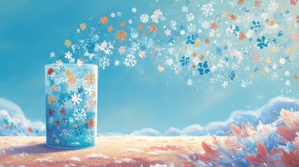 A glass filled with snowflakes, against a winter scene