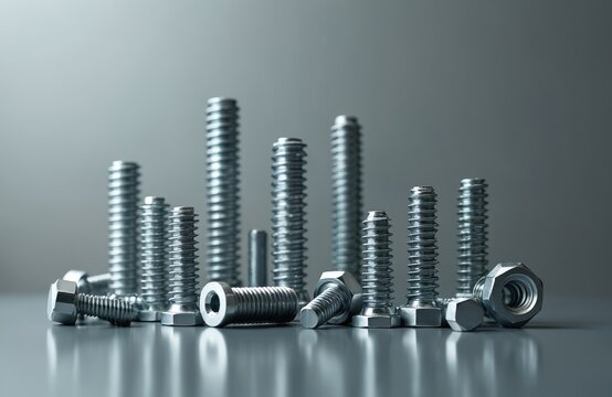 Collection of metal bolts and nuts of various sizes arranged on a gray surface. The hardware components have shiny metallic threads and heads, suggesting construction or repair work.