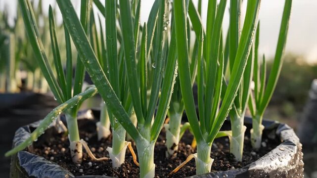 A closeup of scallions growing in a black plastic bag filled with dark soil some with water droplets on the green shoots