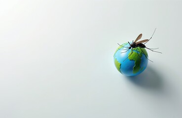 Mosquito insect sits on small globe representing planet Earth. This image symbolizes global disease spread and health risks. It highlights issues like malaria and dengue fever transmission worldwide.