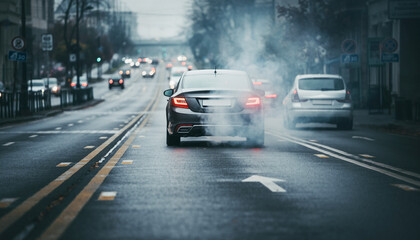Fototapeta premium Urban Car Exhaust Emission On City Street Transport Concept