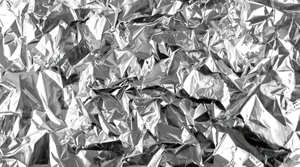 Close-up shot of a crumpled aluminum foil, emphasizing texture and form. The foil&rsquo;s reflective surface and irregular folds create abstract shapes and shadows