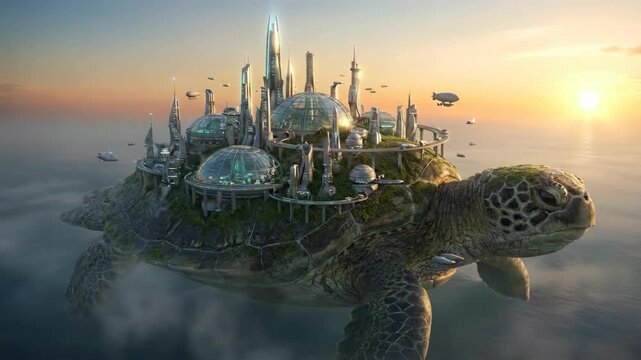 Giant Sea Turtle Swimming with Futuristic City on Shell at Sunset 3D Render