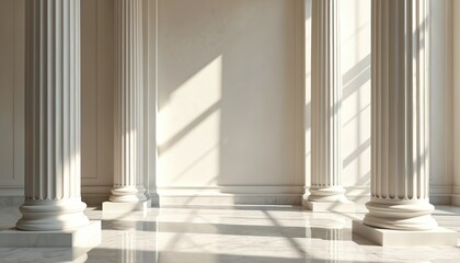 Fototapeta premium Three classical columns stand in a sunlit marble room casting shadows. Architectural interior with elegant details and a bright, airy atmosphere. Minimalist space suggests luxury and history.