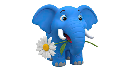Cute Blue Cartoon Elephant Holding a Daisy Flower