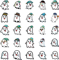 Collection of Cute Cartoon Ghosts with Various Hats and Expressions