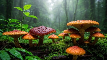Close-up of vibrant orange and red mushrooms with water droplets on forest floor during foggy day