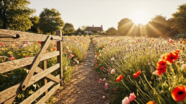 Opening a rustic garden gate into a blooming path