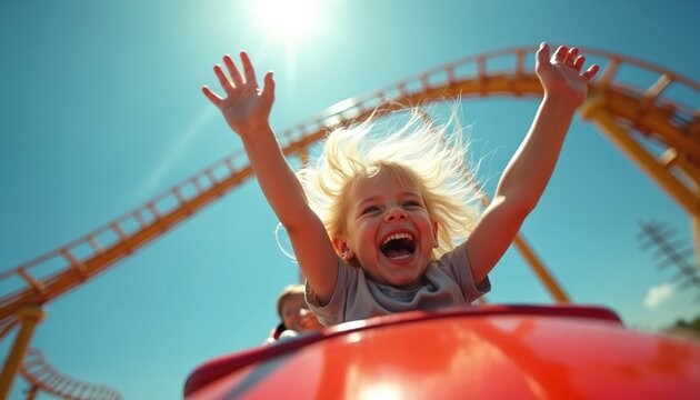 Blond child with arms raised on a thrilling rollercoaster ride, hair flying in wind, laughing with pure joy on sunny day at amusement park. High speed adventure.