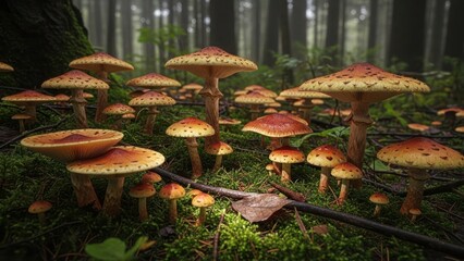 Vibrant mushroom cluster thriving on the forest floor amidst lush greenery under dense canopy