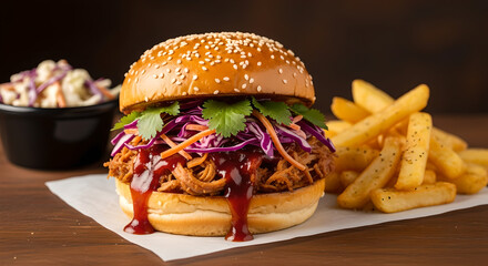 Pulled Pork Burger With Fries And Coleslaw